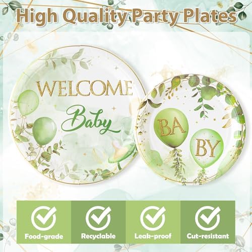 96Pcs Welcome Baby Greenery Baby Shower Sage Green Balloon Party Plates Supplies Tableware Decorations Disposable Paper Plates Napkins Forks for Birthday Gender Reveal, Serves 24 - Image 3