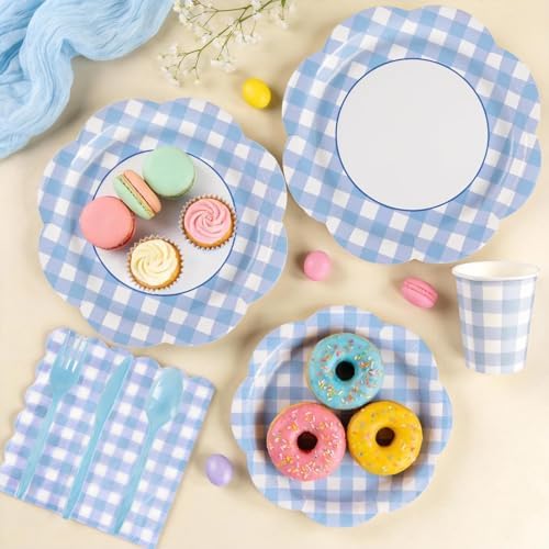 168Pcs Blue Gingham Scalloped Paper Plates and Napkins Set for 24 Guests - Image 4