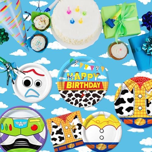 90Pcs Cartoon Birthday Party Supplies Cartoon Plates Napkins Tableware for Toy Theme Birthday Decor for 30 Guests - Image 3