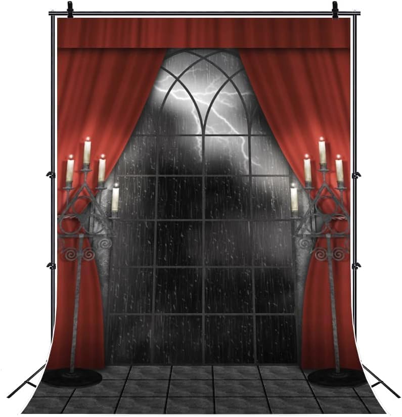 Renaiss 10x15ft Vintage Gothic Window Backdrop Red Curtain Candlestick Black Floor Lightning Stormy Sky Vampire Medieval Castle Photography Background Halloween Dress Up Party Decors Photo Booth Props - Image 4