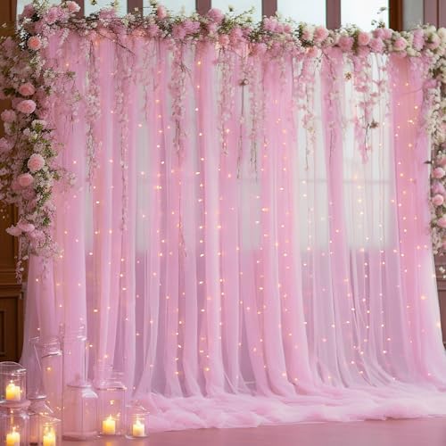 30ft x 10ft Pink Backdrop Curtain with Lights String for Parties, Sheer Tulle Wedding Photo Backdrops Drapes for Baby Shower Birthday Party Decorations Background for Photography - Image 6