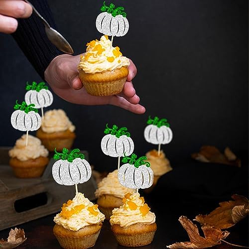 24Pcs Pumpkin Cupcake Toppers Baby Shower Decorations Pumpkin Birthday Decorations Cupcake Picks Pumpkin Gender Reveal Cupcake Toppers Party Supplies Silver - Image 5