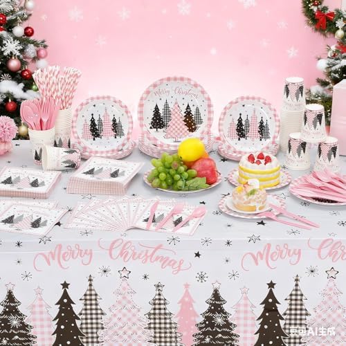 Funnymoom 452 Pcs Pink Christmas Party Decoration for 50, Buffalo Plaid Gingham Pink Xmas Tree Paper Plates Napkins Cups Tablecloth Cutlery Straws for Friendsmas Holiday Baby Shower Party Supplies - Image 4