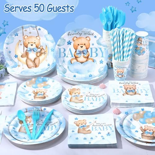 450 Pcs Bear Baby Shower Tableware Set, Serve 50, Blue - Image 6