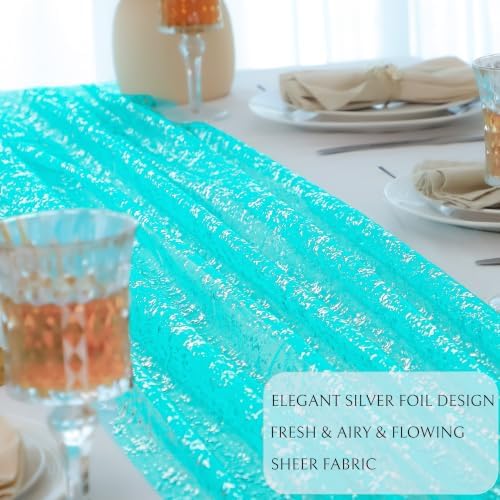 3Pcs Aqua Silver Table Runner 10Ft Metallic Foil Shimmer Sheer Gauze Decor - Image 3