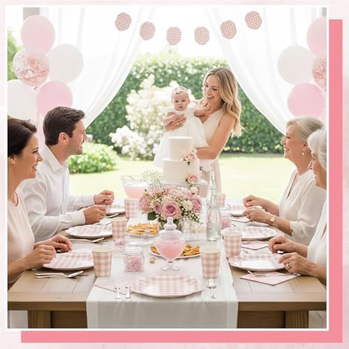 NatNarr 250 Pcs Pink Gingham Plates Set, Scalloped Pink and White Checkered Tableware Set Includes Disposable Plates Napkins and Cups for Wedding Birthday Picnic Baby Bridal Shower - Image 5