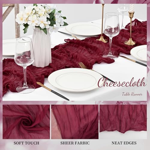 Burgundy 20 Pack Cheesecloth Table Runner 10FT Rustic Gauze Cheese Cloth Table Runner for Wedding Bridal Baby Shower Table Decor 20 x 120 Inch Long Boho Fabric Sheer Birthday Party Table Decorations - Image 3