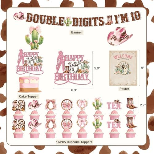 Out Single Digits I’M 10 Cowgirl Birthday Decorations for Girl, Pink Rodeo Party Decoration 10 Year Old Western Party Supplies with Double Digits Backdrop, Banners, Tablecloth, Cake Cupcake Topper - Image 3