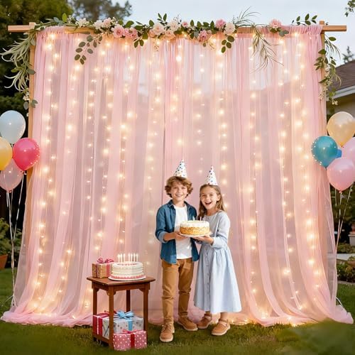 Ledido 10×8ft Pink Tulle Backdrop Curtains with Lights(2 Panels 5×8ft) - Image 6