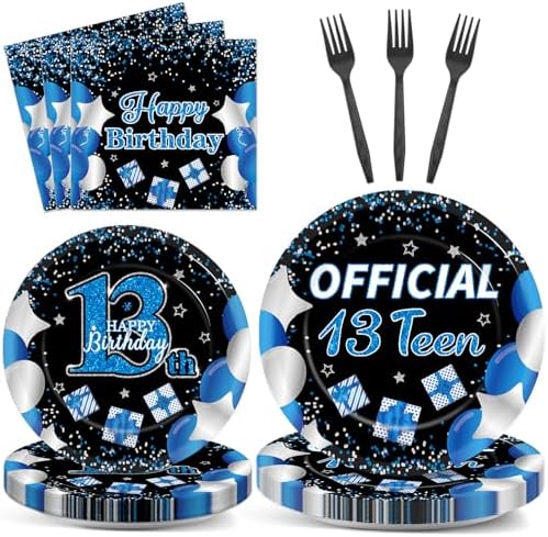 100 Pcs 13th Birthday Decorations for Boys Official Teen 13th Supplies Plates Napkins Forks Set Disposable Blue 13th Birthday Tableware Paper Plates Dinnerware for Kids Teenager Favors Serve 25 by Qyeahkj