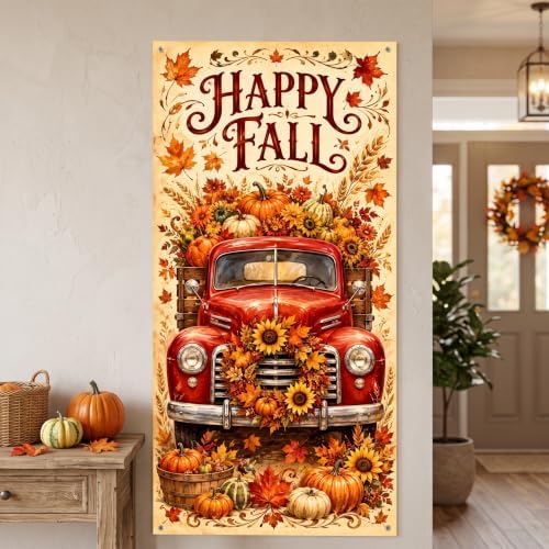 Happy Fall Vertical Door Banner, 35×71 Inch Autumn Front Door Hanging Flag Decor with Vintage Red Truck Pumpkins Sunflower Maple Leaves Backdrop Design for Farmhouse Porch Yard Thanksgiving Harvest - Image 4