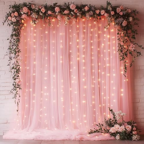 Pink Tulle Backdrop with Fairy Lights for Parites Wrinkle-Free Sheer Curtain Drapes Photo Back Drop for Wedding Baby Shower Bridal Shower Birthday Dance Home Décor- 10ft×8ft, Pink by HOLITS