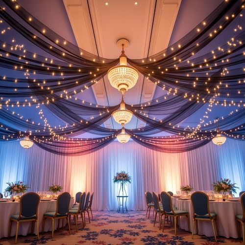 6 Panels Black Ceiling Curtains with Lights for Weddings - 5ftx30ft Wrinkle-Free Tulle Fabric Wedding Arch Draping Ceiling Drapes Decorations for Wedding Party Ceremony Stage Tent Event - Image 7