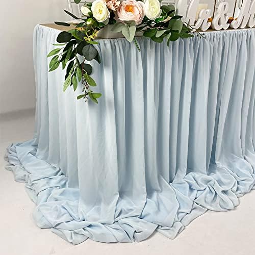 Pooling and Floating Chiffon Table Skirt with extra length, 6FT 9FT 14FT Sheer Tablecloth, Baby Shower, Birthdays Party, Main Cake Table Decoration, Wdding Table Skirt (Blue, 9FT) - Image 2