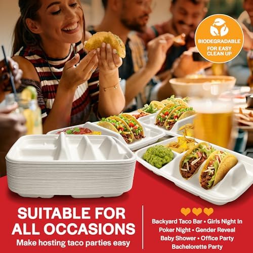 White Disposable Taco Plates for 2 Tacos & 2 Sides – 25 PACK | Premium Paper Plates with Dividers, Fiesta Taco Holder, Taco Stand for Taco Tuesday & Taco Bar Serving Set Taco Plates (25 Plates, White) - Image 6
