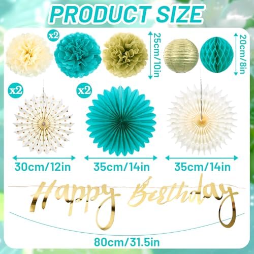 SUNBEAUTY Teal and Gold Party Decorations Teal Birthday Decorations for Women Teal Blue Hanging Paper Fans Tissue Pom Poms Happy Birthday Banner for Baby Showers Wedding Engagement Party - Image 3