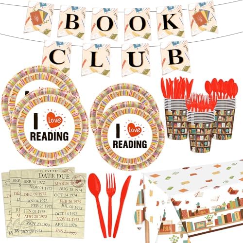 142 Pcs Vintage Book Theme Party Tableware Book Club Birthday Party Supplies Library Reading Themed Disposable Plates Napkins Cups and Forks Set by Kilyparty