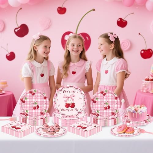 REDWORD Cherry Birthday Decorations, 96Pcs She's The Cherry On Top Party Plates Napkin for Cherr y Theme Girl Birthday Baby Shower Party Decorations-Serves 24 - Image 7
