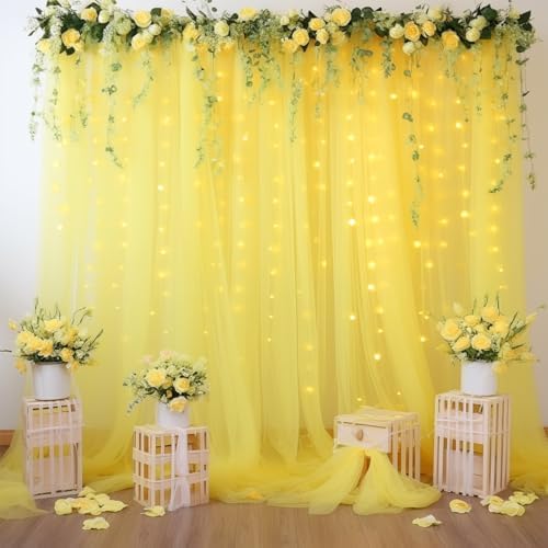 10×10ft Yellow Tulle Backdrop Curtain with Lights String for Parties, Sheer Curtain Backdrop Drapes for Wedding Party Photography Background - Image 5