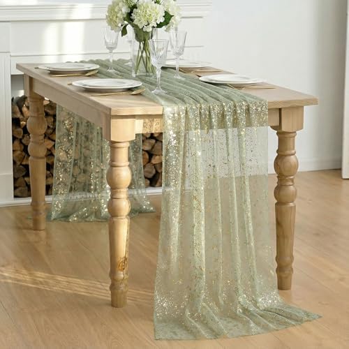 Artoid Mode Sage Green Gold Gauze Table Runner 59x120 Inch 10FT, Glitter Metallic Foil Sheer Dining Wedding Anniversary Holiday Birthday Table Decor for Home Party - Image 2