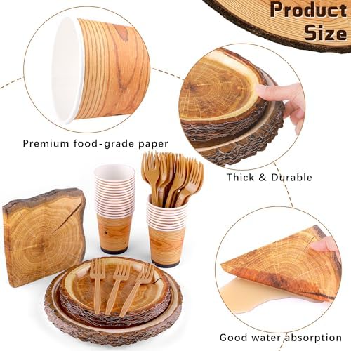 durony 144 Pieces Camping Wood Grain Slice Dinnerware Set Rustic Wood Party Supplies Paper Plates Napkins Serve 24 for Forest Themed Party Decorations Camping Birthday Supplies - Image 3