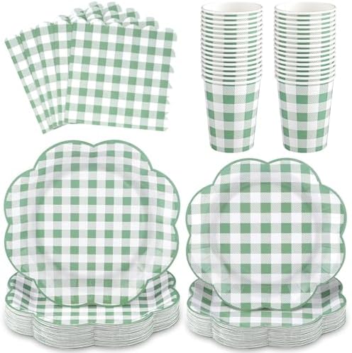 NatNarr 250 Pcs Sage Green Gingham Plates and Napkins, Scalloped Green and White Checkered Tableware Set Includes Disposable Plates Napkins and Cups for Wedding Birthday Picnic Baby Bridal Shower by NatNarr