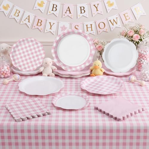LemonRoad 100 Pcs Pink Gingham Paper Plates Napkins Plastic Tablecloth Set for 24, Pink and White Disposable Dinner Dessert Scalloped Plates for Baby Shower Picnic BBQ Birthday Party Supply Decoration - Image 6
