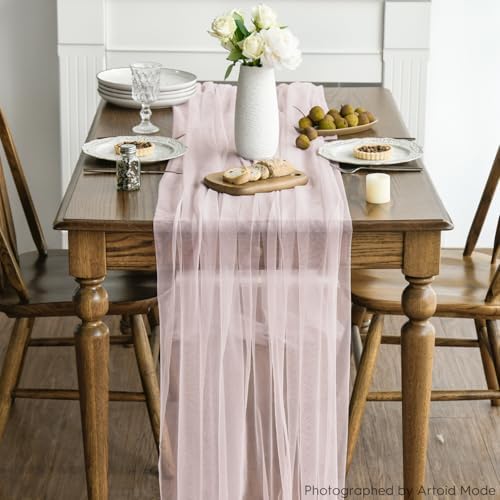 Artoid Mode Blushing Pink Gauze Table Runner 120 Inch 10FT, Seasonal Sheer Kitchen Dining Holiday Wedding Birthday Baby Shower Table Decor for Home Party - Image 3