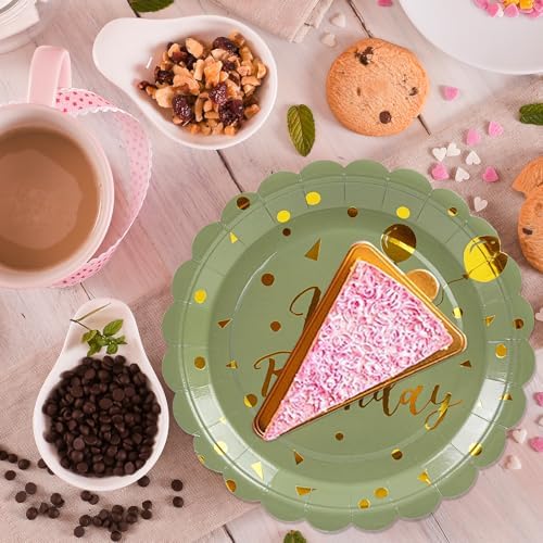 50PCS Happy Birthday Paper Plates and Napkins Set - 7 Inch Sage Green and Gold Birthday Cake Plates Scalloped Dessert Plate Disposable Tableware for Birthday's Party Supplies Decorations - Image 2