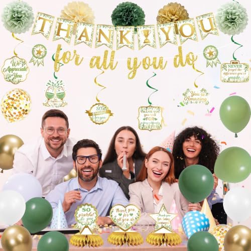 Vlipoeasn We Appreciate You Decorations, Green Gold Thank You for All You Do Party Set with Backdrop Banner Honeycomb Centerpieces Hanging Swirls, Appreciation Decor - Image 5