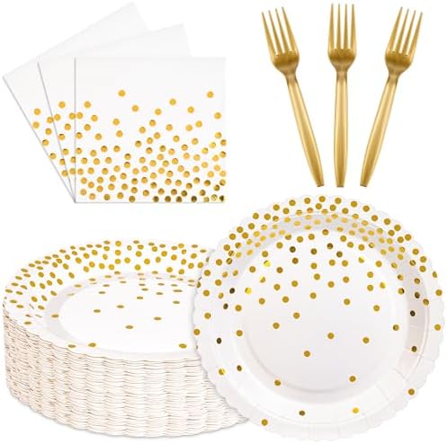 90 Pcs White and Gold Plates and Napkins Party Supplies, Scalloped Gold Polka Dots Tableware Set Include White Gold Dot Cake Dessert Plates, Napkin, Fork for Wedding, Retirement, Birthday, New Year by Unknown