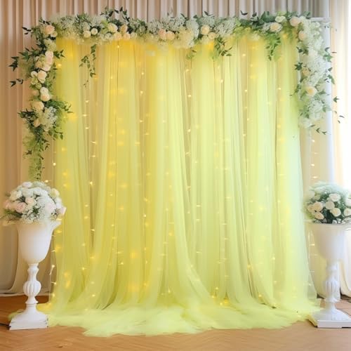 30ft x 10ft Yellow Backdrop Curtain with Lights String for Parties, Sheer Tulle Wedding Photo Backdrops Drapes for Baby Shower Birthday Party Decorations Background for Photography by Shillance