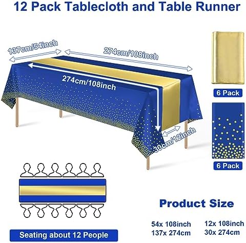 12Pack Disposable Plastic Tablecloths and Satin Table Runner Set Blue and Gold Dot Tablecloth Gold Satin Table Runner for Wedding Birthday Baby Shower Anniversary Christmas New Year Party Decorations - Image 2