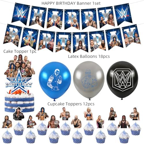 Wrestling Birthday Decorations, Wrestling Party Supply include Happy Birthday Banner, Cake Topper, Cupcake Toppers, Balloons for Kids Adults Party Decorations (Blue) - Image 2