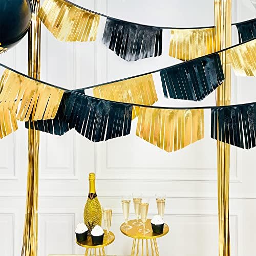 Black and Gold Tassel Banner Double Sided Metallic Fabric Pennant Bunting Flag Garland for Graduation Anniversary Bachelorette Birthday Engagement Wedding Bridal Shower Hen Party Decorations Supplies by pinkblume