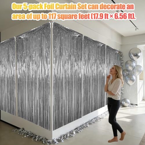 5 Pack 3.28ft x 6.56ft Glitter Silver Tinsel Foil Fringe Curtains, Photo Booth Backdrop Party Decorations for Birthday Wedding Engagement Baby Shower Graduation Bachelorette New Years - Image 3