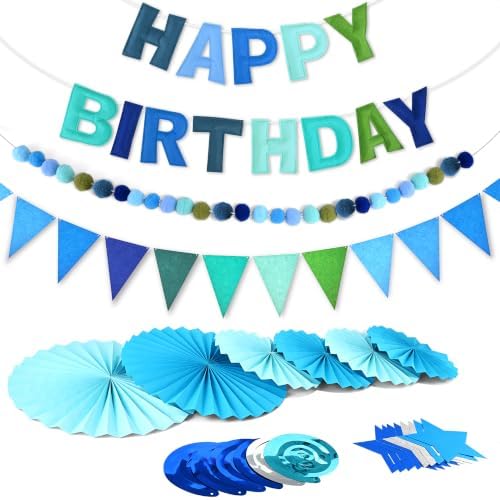 CANREVEL 17 PCS Pre-Strung 3D Blue Happy Birthday Banner, Blue Streamers by CANREVEL
