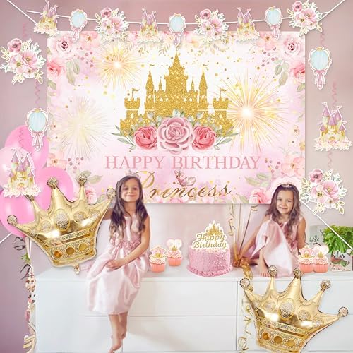 Happy Birthday Decorations For Women Men,Birthday Backdrop,Banner Balloons,Table Cloth,Paper pom poms Party Supplies for Girls Boys (Princess) - Image 4
