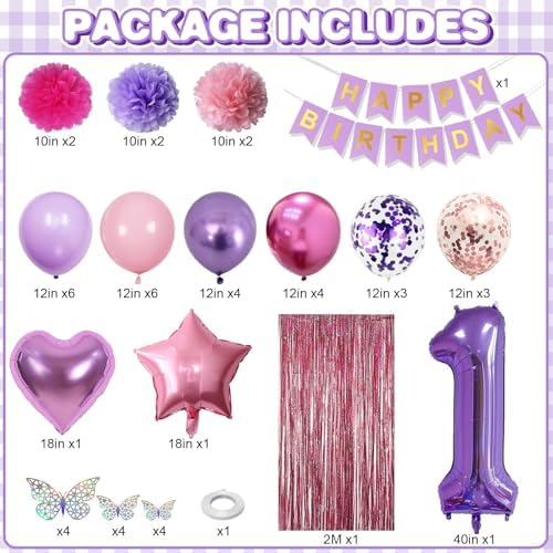 Pink Purple 1st Birthday Party Decoration for Girls Number 1 Princess Decor - Image 3