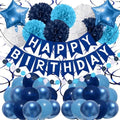 Navy Blue Birthday Decorations, Happy Birthday Banner with Paper Pompoms, Hanging Swirls, Garland, Party Balloons Happy Birthday Party Decorations for Women Men Boys Girls by Recosis