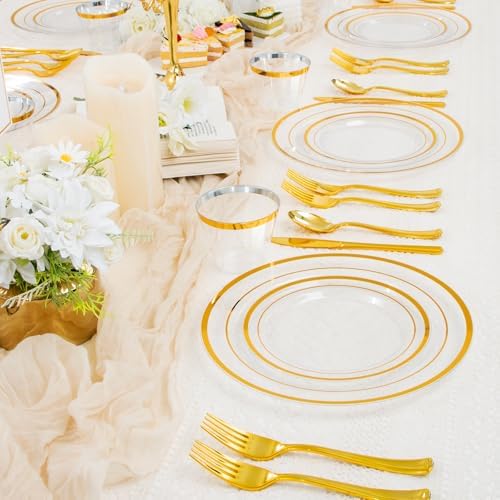 WELLIFE 300 PCS Clear Gold Disposable Dinnerware Set for 50 Guests - Image 2