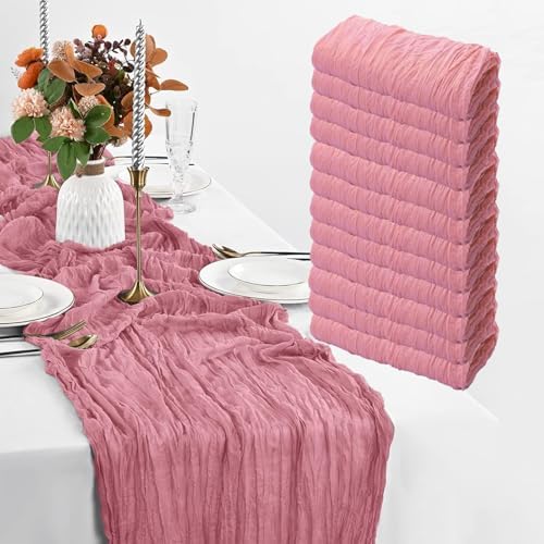 12 Pack Dusty Rose Table Runner, 35x120 Inch Pink Cheesecloth Table Runner with Wrinkle 10ft Long Boho Rustic Gauze Sheer Cheese Cloth for Wedding Party Bridal Baby Shower Table Decor by PWDAN