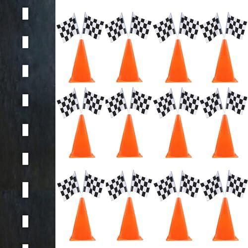 7inch Orange Racing Traffic Cones With Holes on Top,Checkered Flags,Racetrack Floor Runner,Race Car Birthday Party Supplies,Racing Car Table Centerpiece Decorations 38PCS by YOELVN