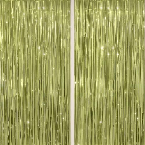 DECOCKRAT 2 Pack Foil Fringe Backdrop - Light Green Shiny Tinsel Curtains for Party Decoration/Photo Booth Props - 3.3x6.6 FT Metallic Foil Backdrop for Birthday, Wedding, Graduation, Christmas. by DECOCKRAT