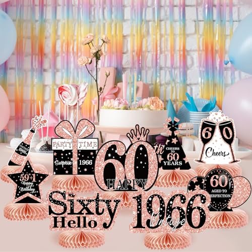 9Pcs 60th Birthday Decorations Honeycomb Centerpieces for Women, Rose Gold Pink Happy 60th Birthday Centerpieces Tables Toppers Party Decorations Supplies, Vintage 1966 Aged Table Sign Decor - Image 4