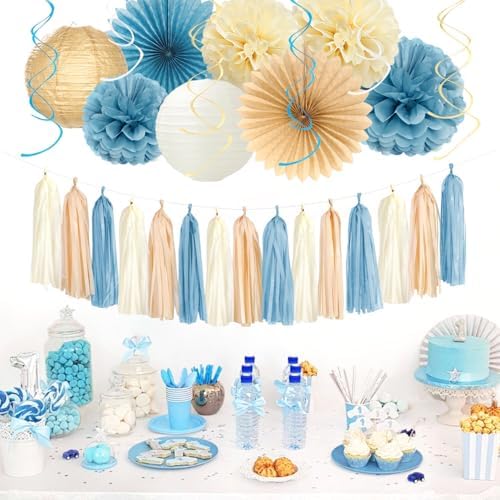 Light-Dusty Blue 18th Happy-Birthday Party-Decorations - 31pcs Women Girls Paper Lanterns Streamers Banner,Tissue Pom Poms Fans Tassels Graland Decor,Beige Champagne Wall Backdrop Supplies Hugmoon - Image 2