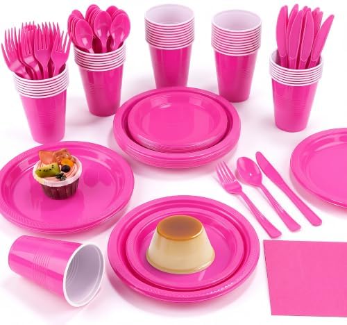 Aodaer 200 Pieces Hot Pink Party Supplies Disposable Dinnerware Set Include Plastic Plates Cups Knives Forks Spoons Paper Napkins for Birthday Wedding Graduation Parties, Serve 25 Guests by Aodaer