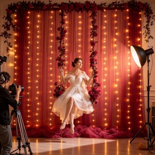 30×10ft Burgundy Tulle Backdrop Curtain with Lights String for Parties, Sheer Photo Backdrop Curtains for Wedding Party Photography Background - Image 6