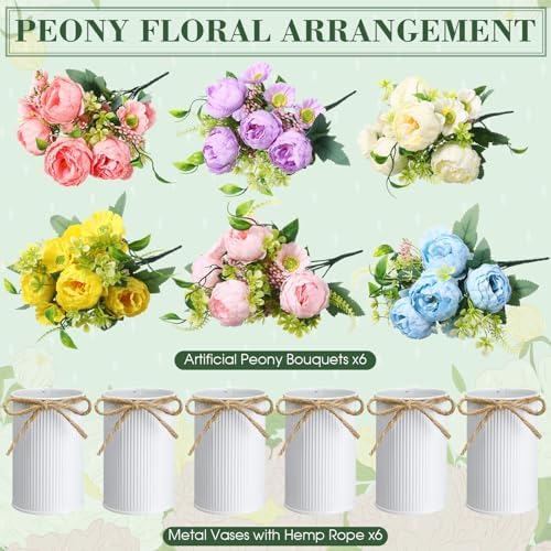 Wavwavw 6 Pcs Floral Table Centerpieces Artificial Peonies Flower with Vase - Image 3