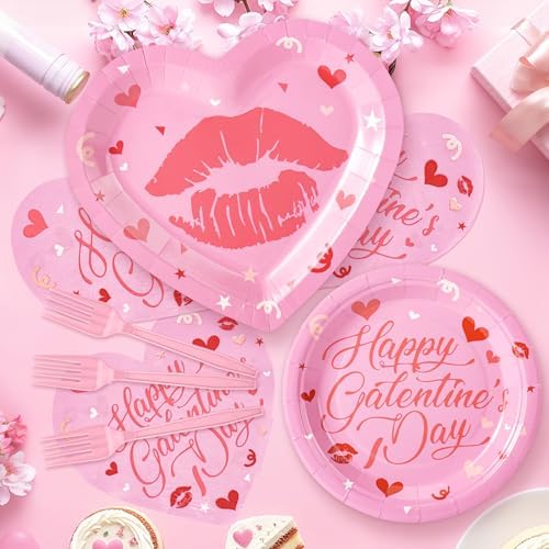 109PCS Happy Galentine's Day Party Supplies,Pink Love Heart Disposable Paper Plates Napkins Cups Forks Dinnerware for 24 Guest,Banner Balloons for Valentines Anniversary Wedding Engagement - Image 5